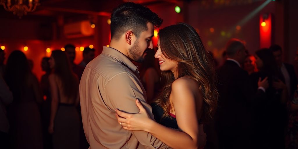 Couples dancing, embracing closely, dim party lights.