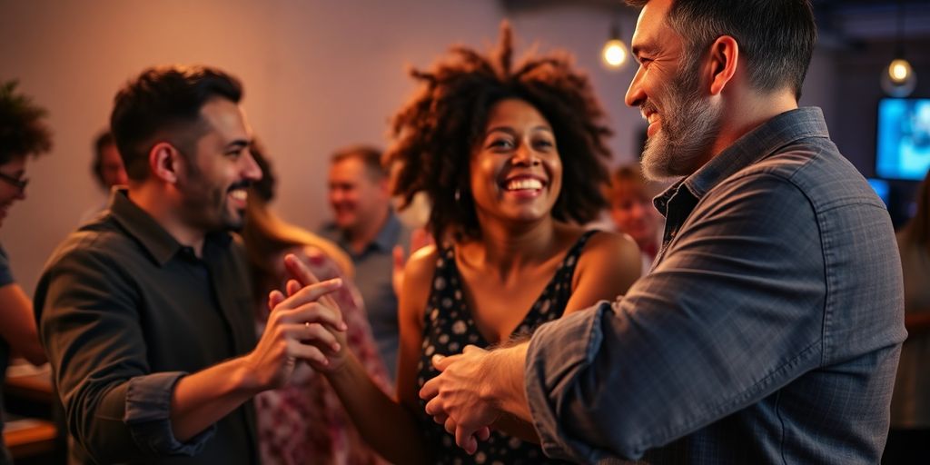 Couples dancing, embracing playfully at a lively social gathering.