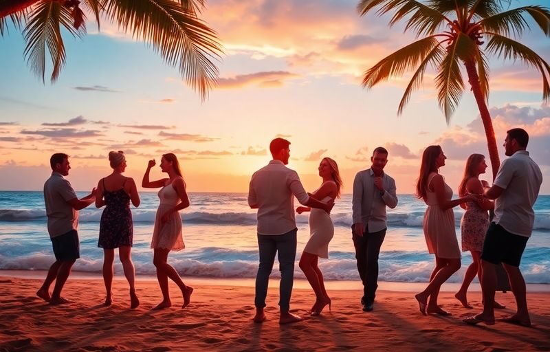 Couples dancing on beach at sunset.