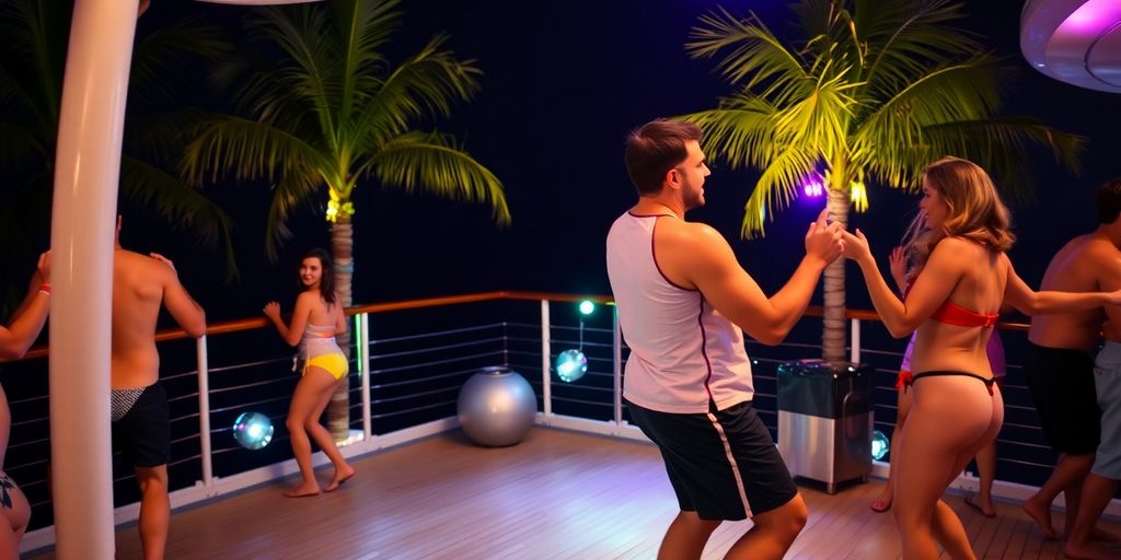 Couples dancing under disco lights on a cruise ship.