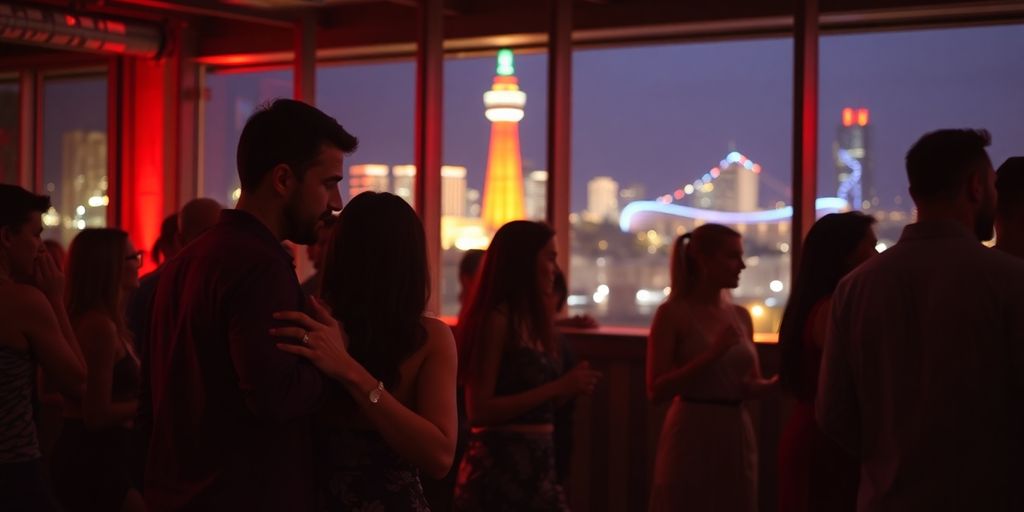 Couples dancing under vibrant lights, San Antonio cityscape.