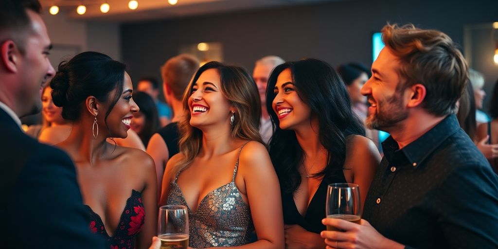 Couples flirting playfully at a swinger's party.