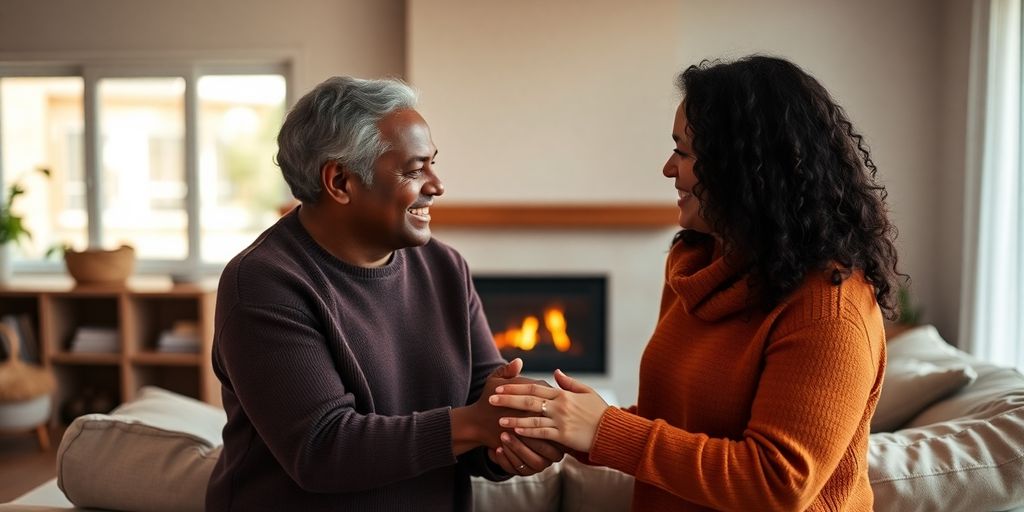 Couples' hands intertwined, soft lighting, intimate setting.