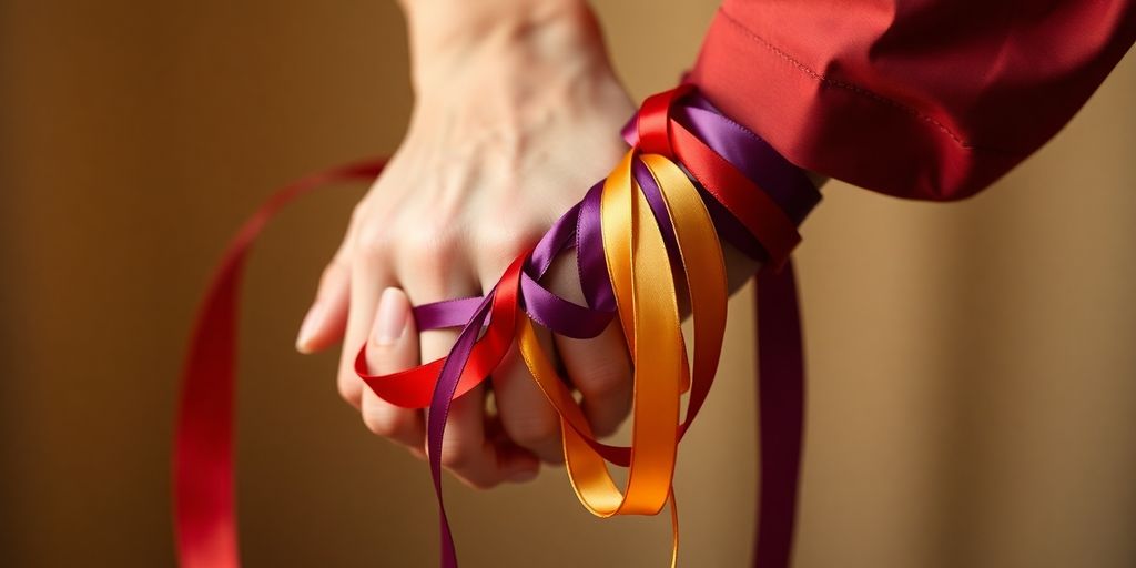 Couple's hands intertwining with colorful ribbons.