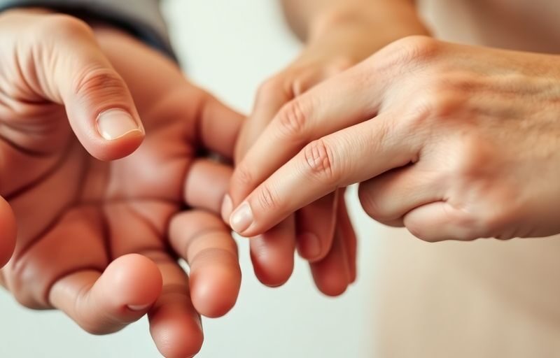 Couple's hands, one open, one closed, gently intertwined.