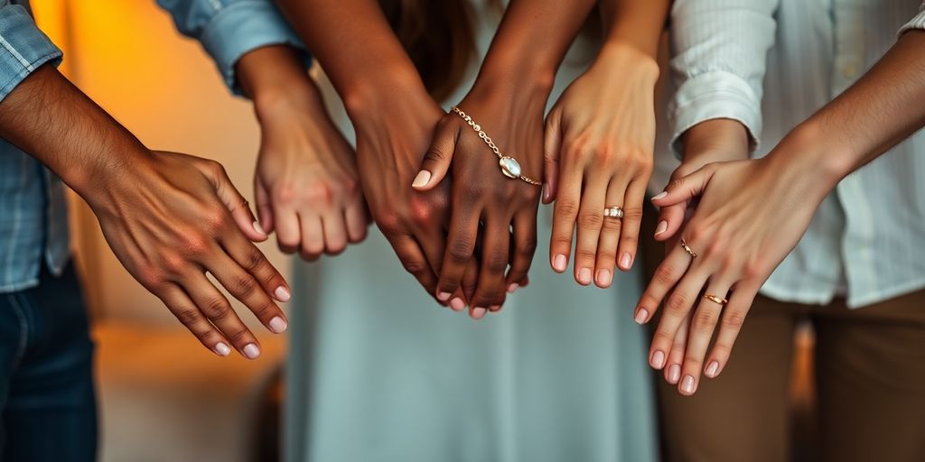 Couples holding hands in a playful, intertwined way.