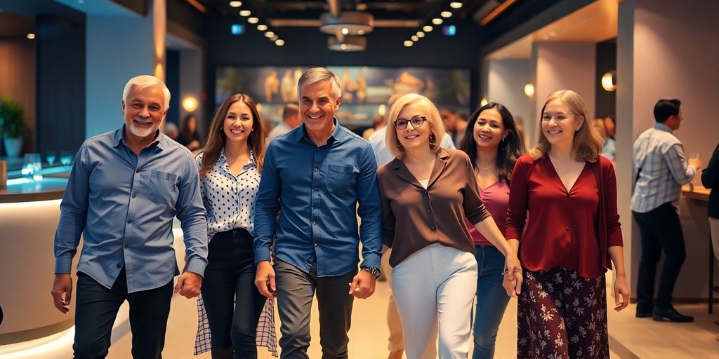 Couples holding hands, walking into a lively social gathering.