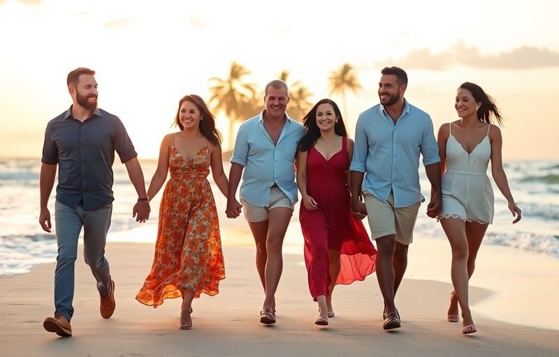 Couples holding hands, walking into sunset.