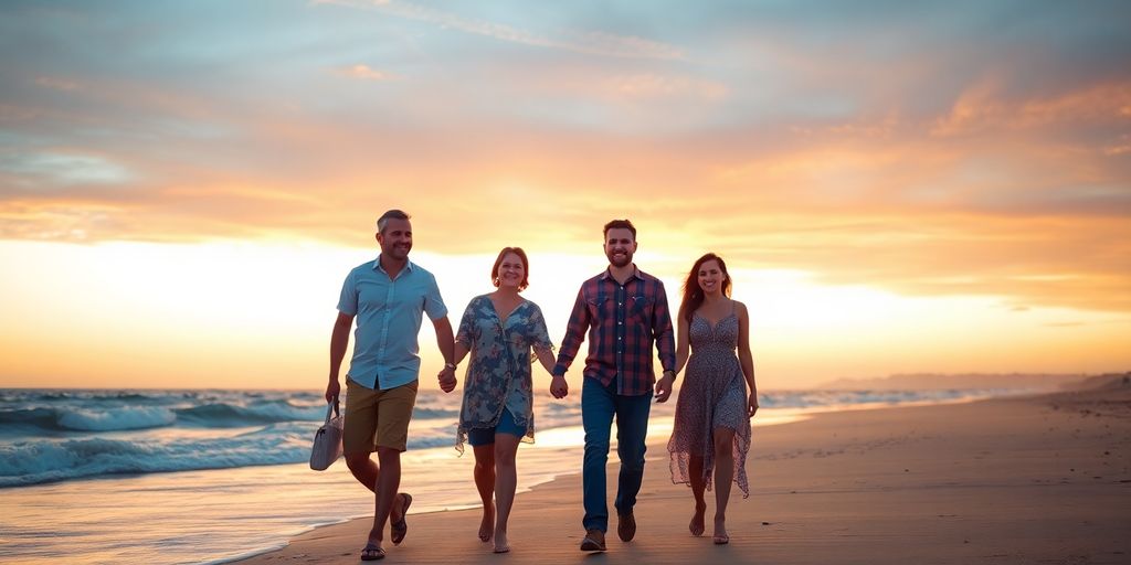 Couples holding hands, walking into sunset.