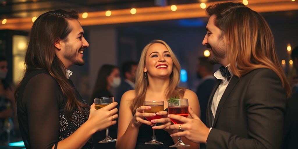 Couples laughing at a lively party.