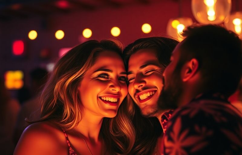 Couples laughing at a nightlife event.