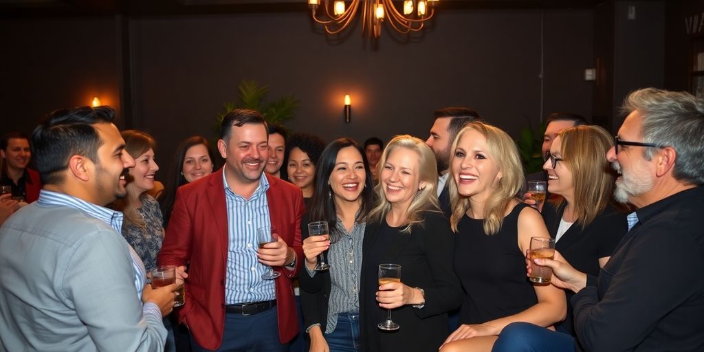 Couples laughing, dancing, and mingling at a lively party.