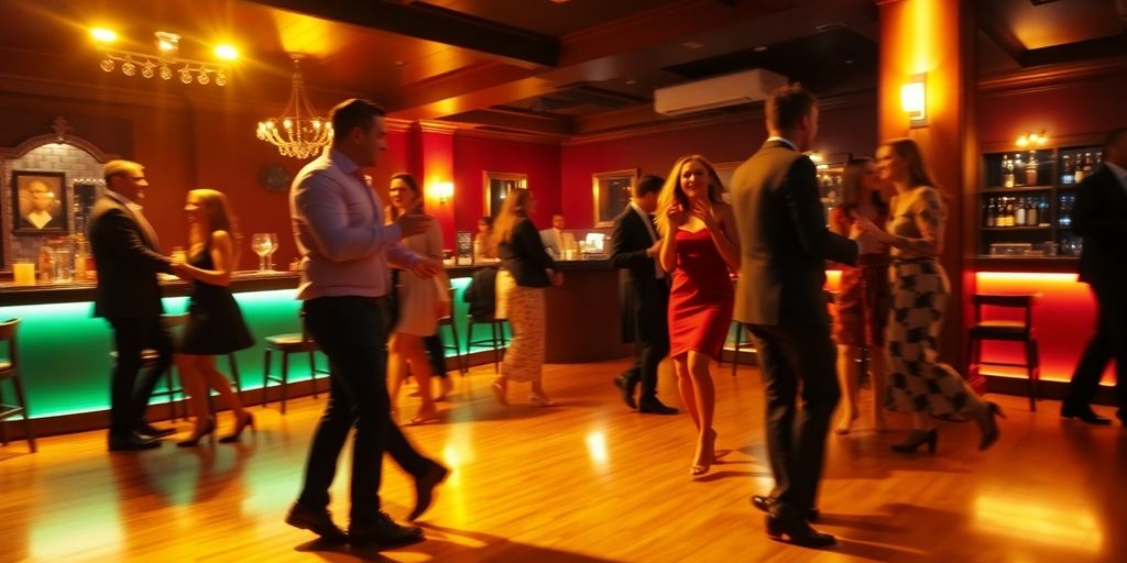 Couples laughing, dancing, and mingling at a social club event.
