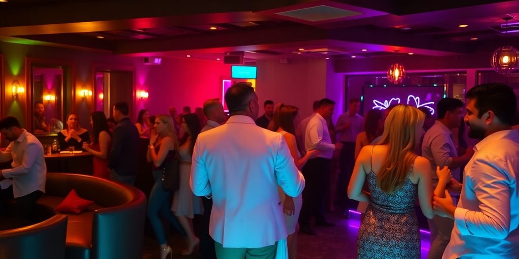 Couples laughing, dancing, and socializing in a dimly lit club.