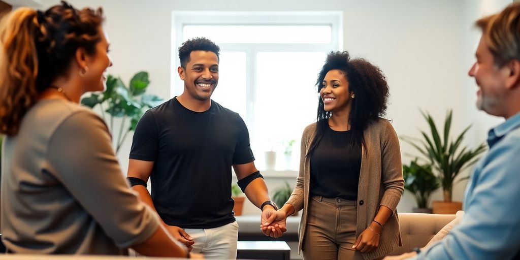 Couples laughing, engaged in respectful conversation.