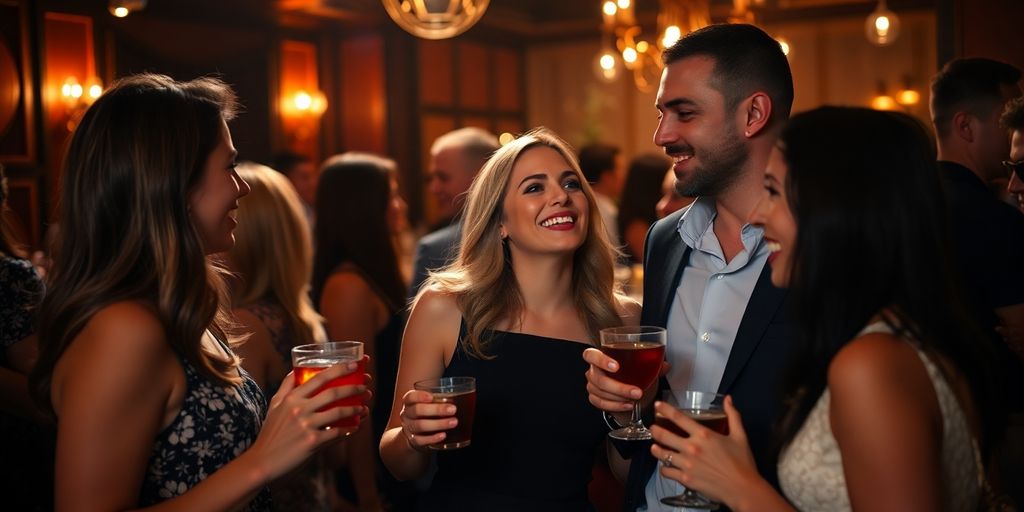 Couples laughing, interacting at a stylish social gathering.