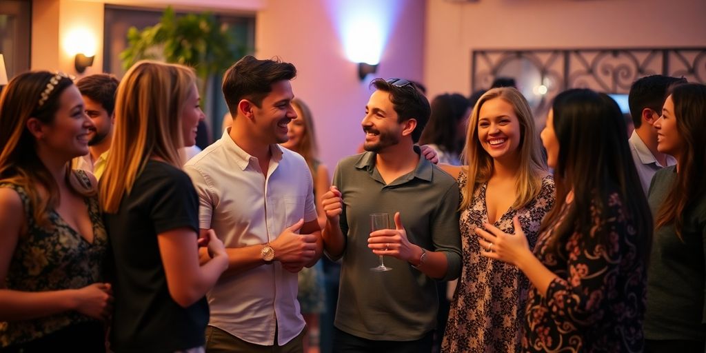 Couples laughing, intertwining hands, soft lighting, comfortable atmosphere.