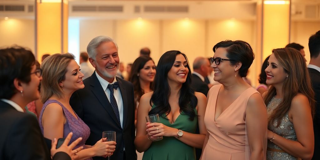 Couples laughing, mingling at lively social event