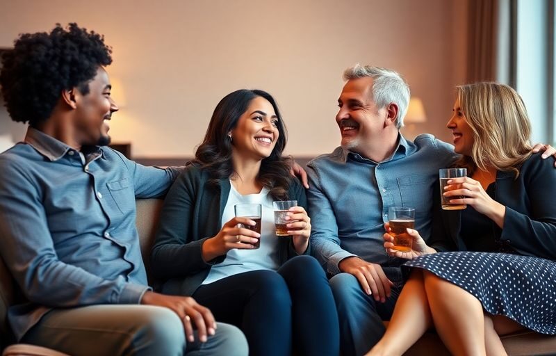 Couples laughing, sharing drinks, in a cozy living room.