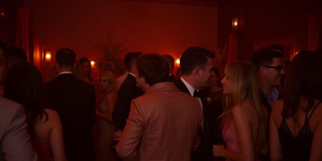Couples mingle at an elegant, dim-lit, adult party.