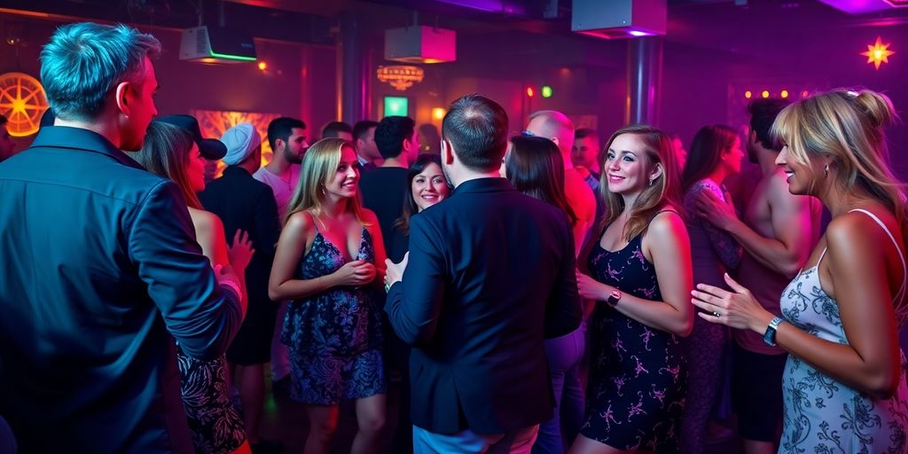 Couples mingle at energetic swinger lifestyle club event.