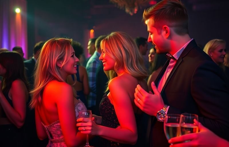Couples mingling, dancing in upscale club setting.