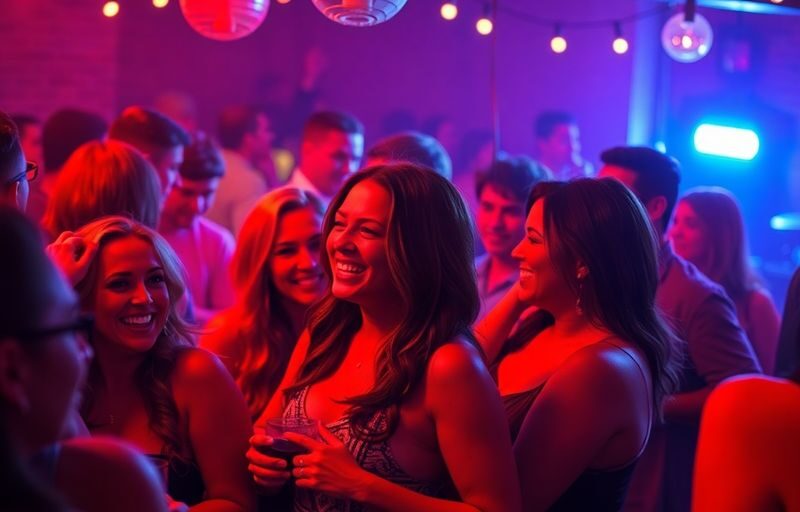 Couples mingling, dim lights, vibrant colors, intimate atmosphere.