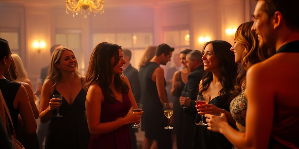 Couples mingling, elegant party, warm lighting.