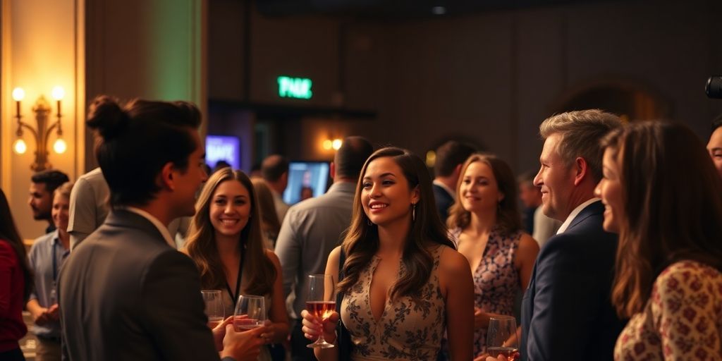 Couples mingling, elegant setting