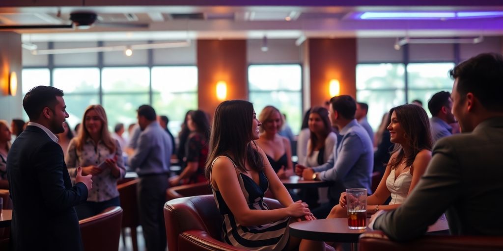 Couples mingling in a vibrant, modern social club.