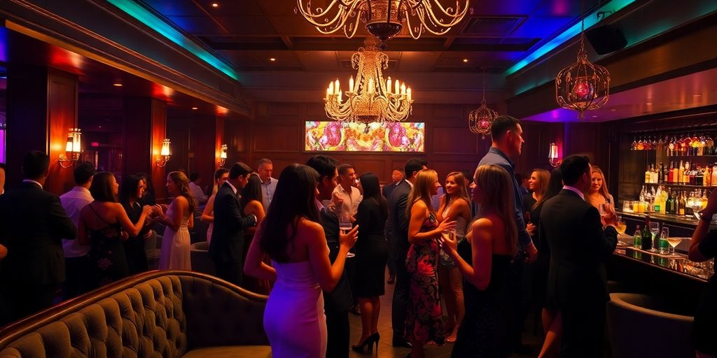 Couples mingling in dim, luxurious club.