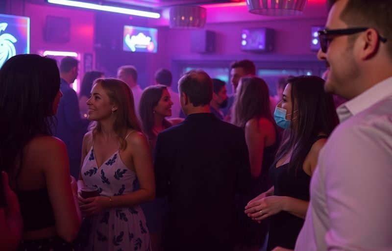 Couples mingling in dim, neon-lit club.