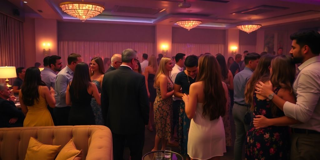 Couples mingling, intimate connections, lively party