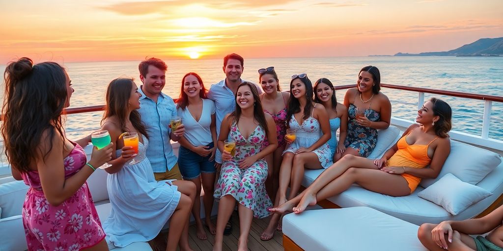 Couples relax on cruise ship deck at sunset.