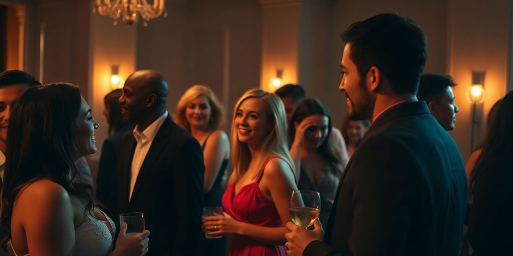 Couples talking, smiling, low light, elegant party.