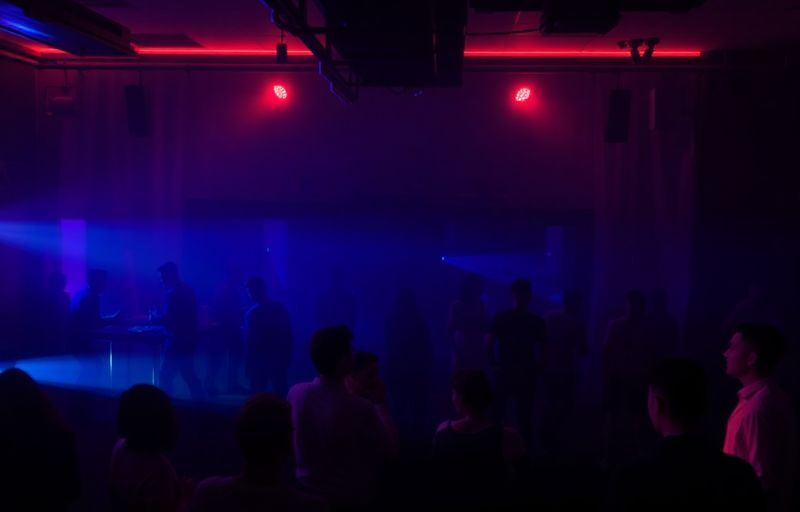 Dark club interior, red lights, dancing silhouettes.