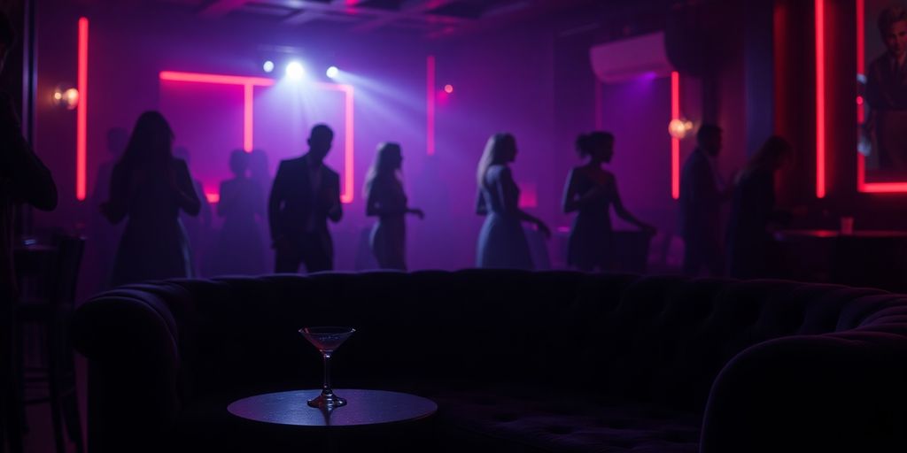 Dimly lit club interior with red and purple lights.