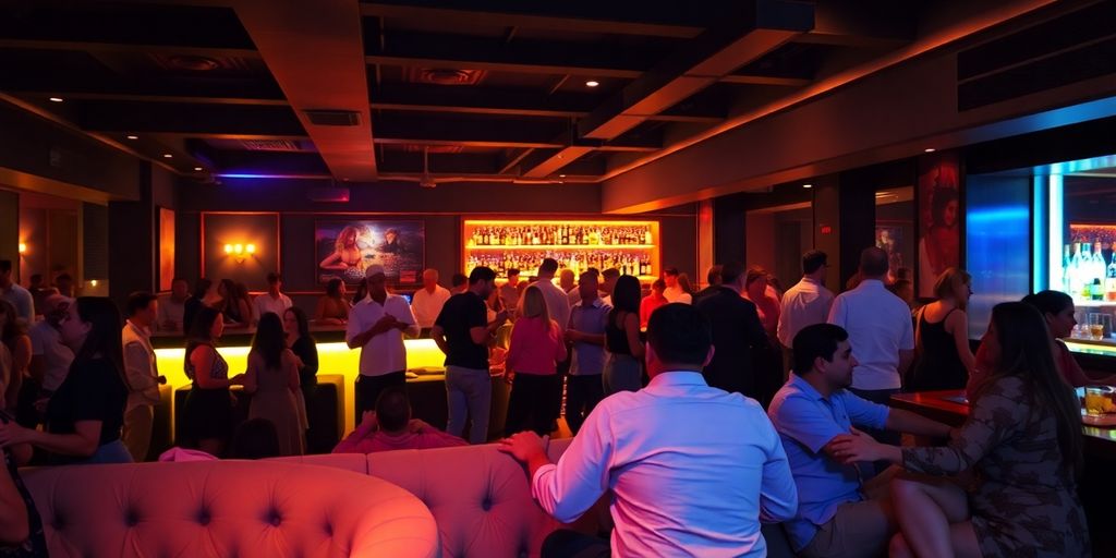 Dimly lit club, people dancing, vibrant lights, festive atmosphere.