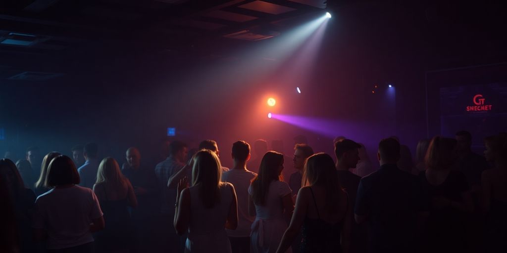 Dimly lit, lively club scene, couples dancing.