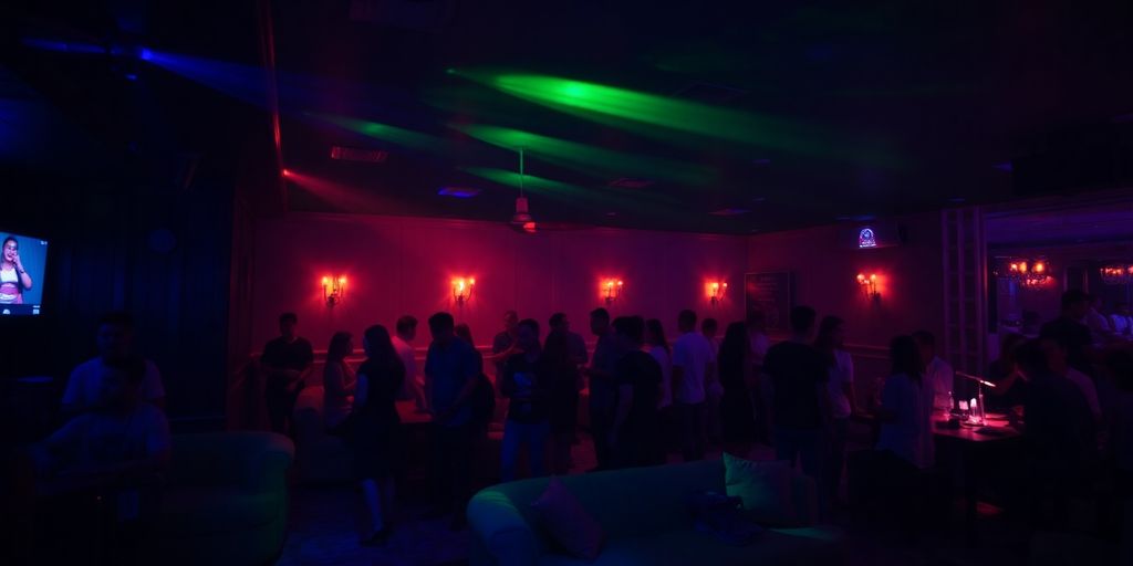 Dimly lit, vibrant club interior with people mingling.