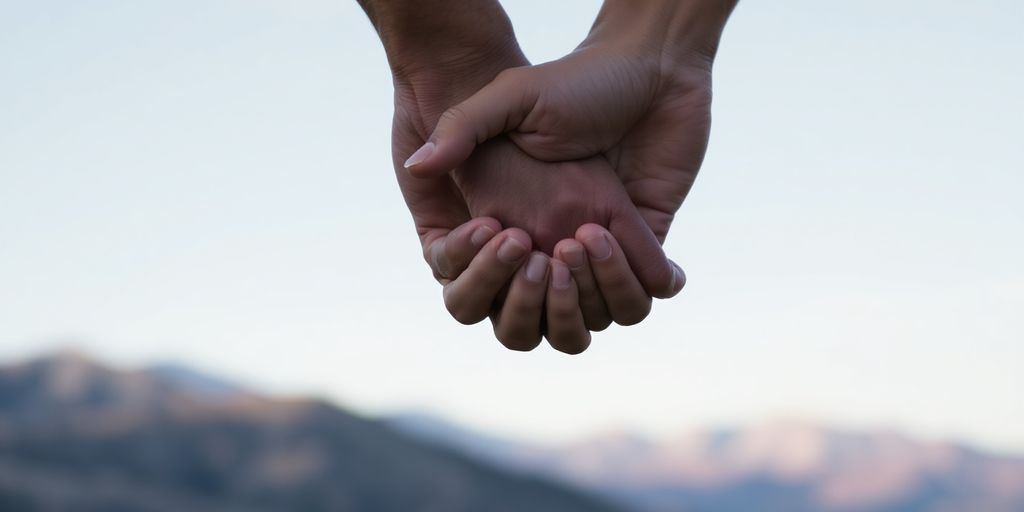 Discreet couple's hands clasped, blurred mountain background.