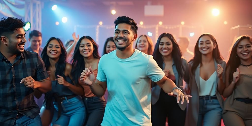 Diverse Hispanic millennials dancing vibrantly.