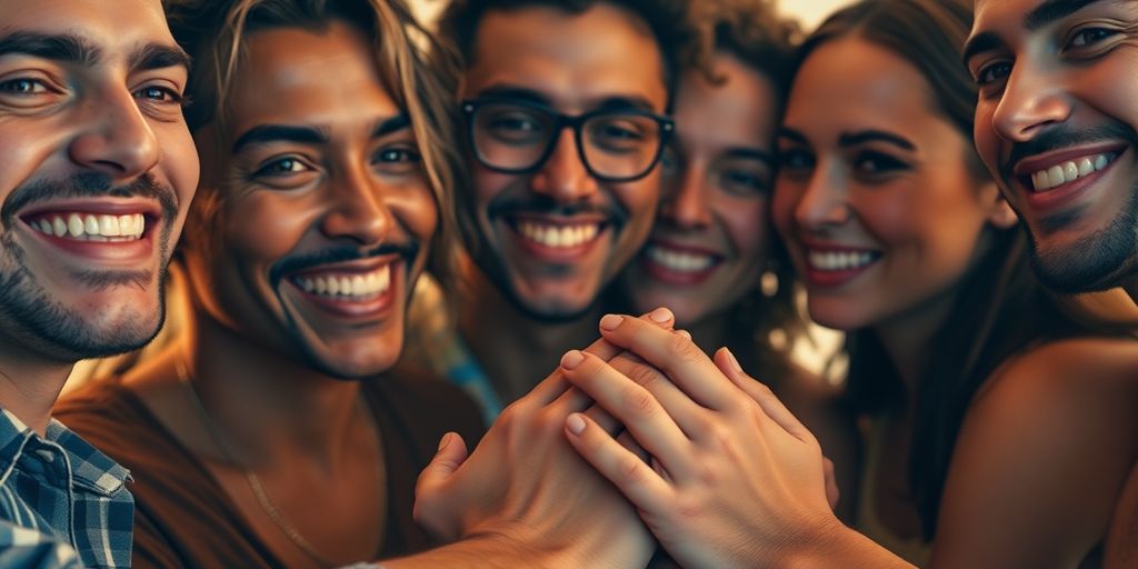 Diverse LGBTQ+ individuals, connection, warm lighting.