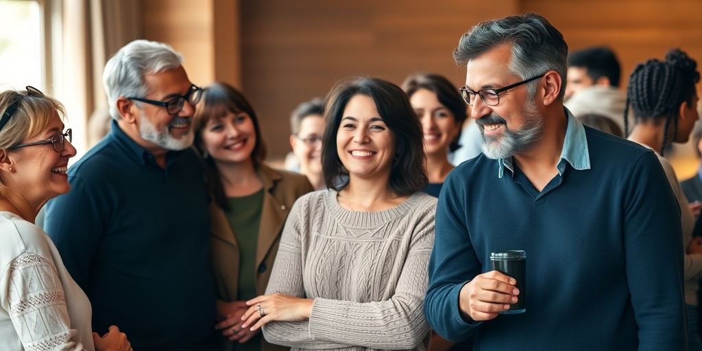 Diverse adults connecting, relaxed expressions, warm light, inviting setting.