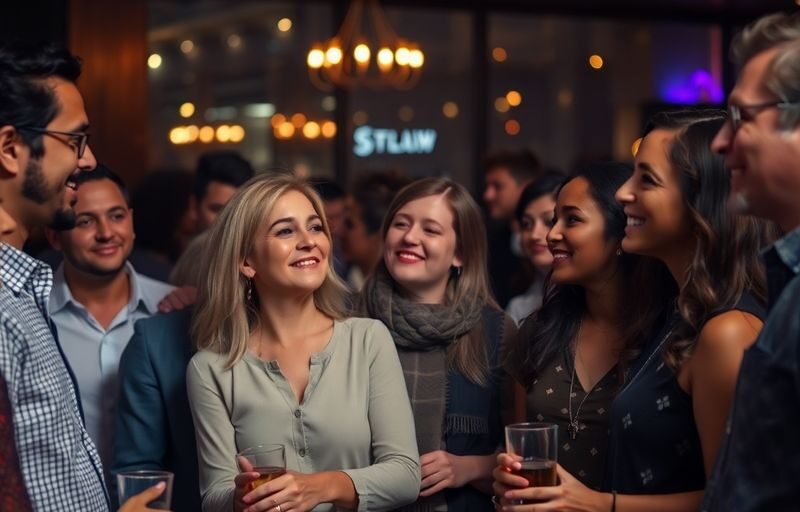 Diverse adults conversing in a lounge, showing openness and connection.