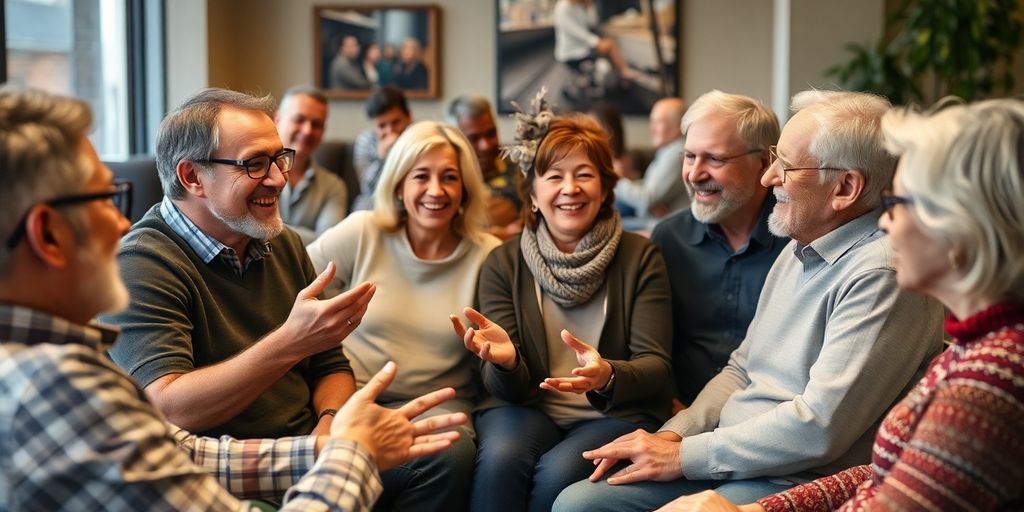 Diverse adults conversing in a warm, inviting lounge, showing community support.