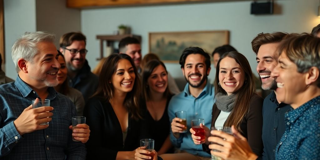 Diverse adults conversing warmly in a softly lit, inviting social setting.