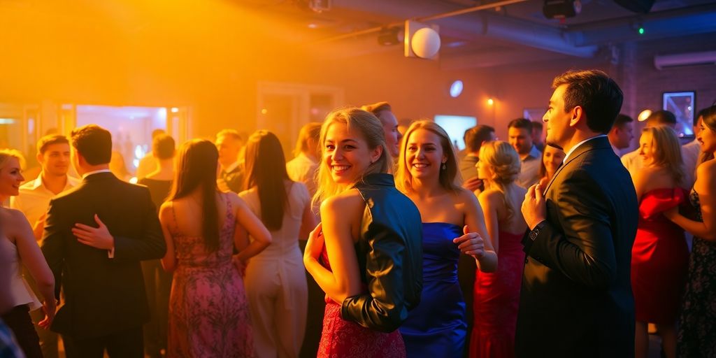 Diverse adults dancing at a lively social gathering.