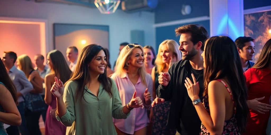 Diverse adults dancing, enjoying vibrant party atmosphere.