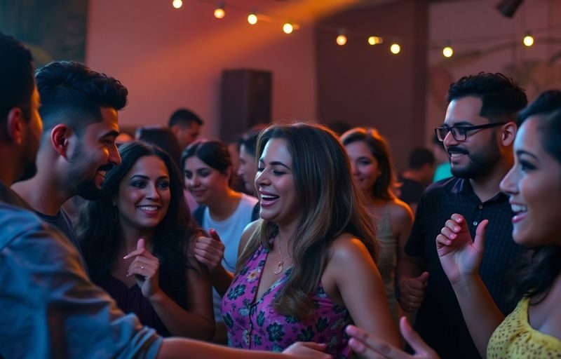 Diverse adults dancing, music, and vibrant lights.